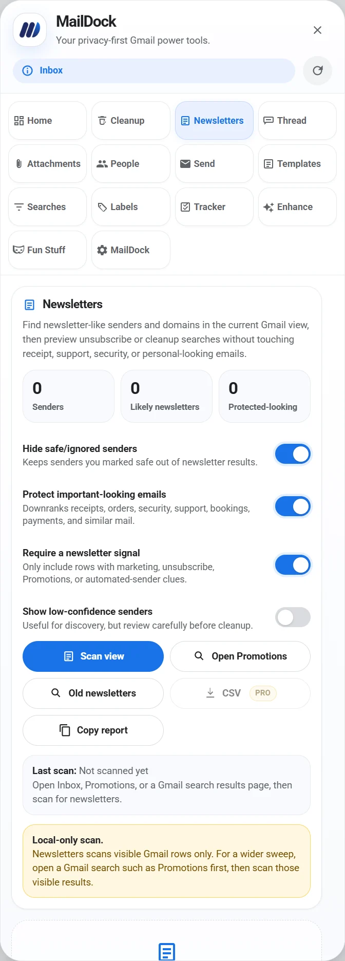 MailDock newsletters screen