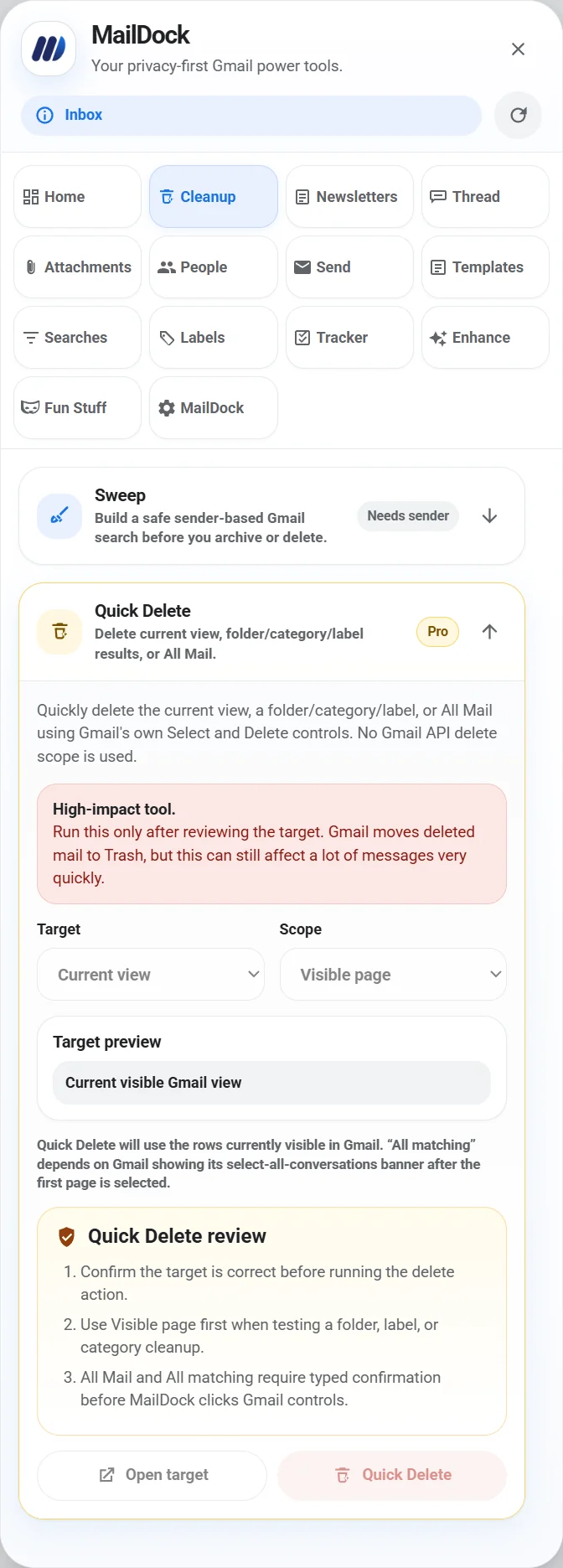 MailDock Quick Delete screen