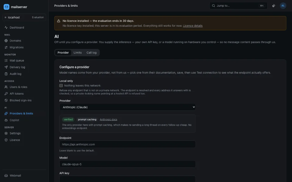 The admin console’s AI section: choosing a provider, its endpoint and model, and a switch that keeps every request on the local network.