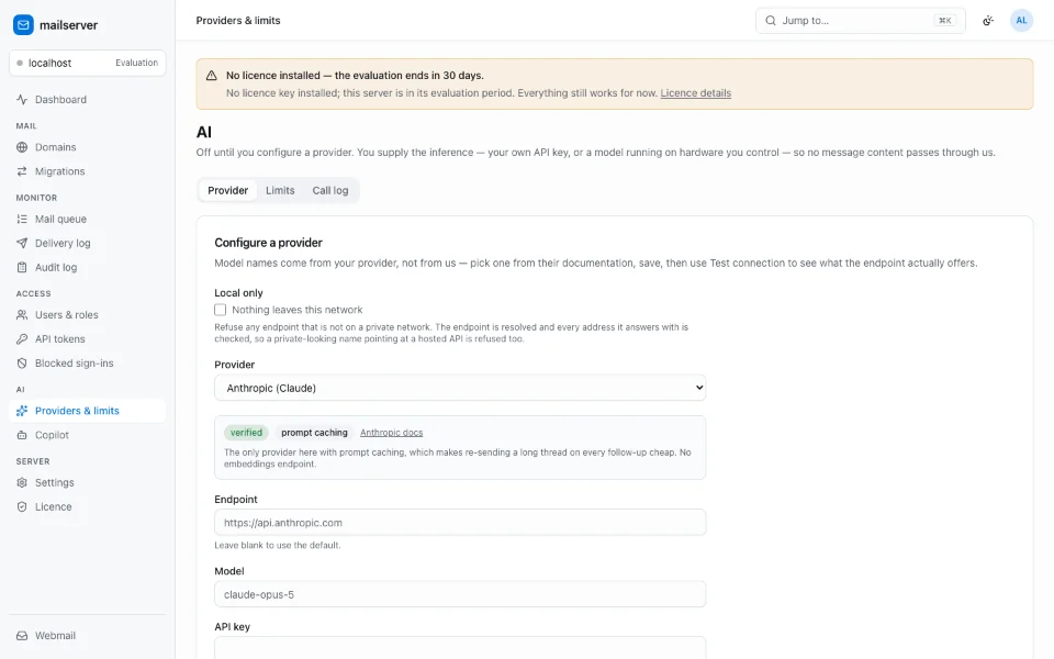 The admin console’s AI section: choosing a provider, its endpoint and model, and a switch that keeps every request on the local network.