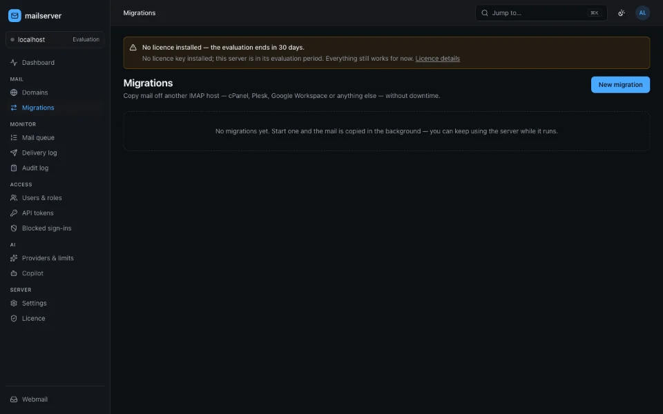 The admin console’s Migrations page, before the first one: copying mail off cPanel, Plesk, Google Workspace or any IMAP host without downtime.