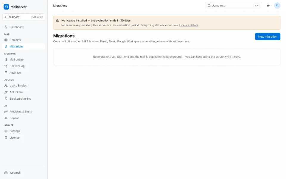 The admin console’s Migrations page, before the first one: copying mail off cPanel, Plesk, Google Workspace or any IMAP host without downtime.