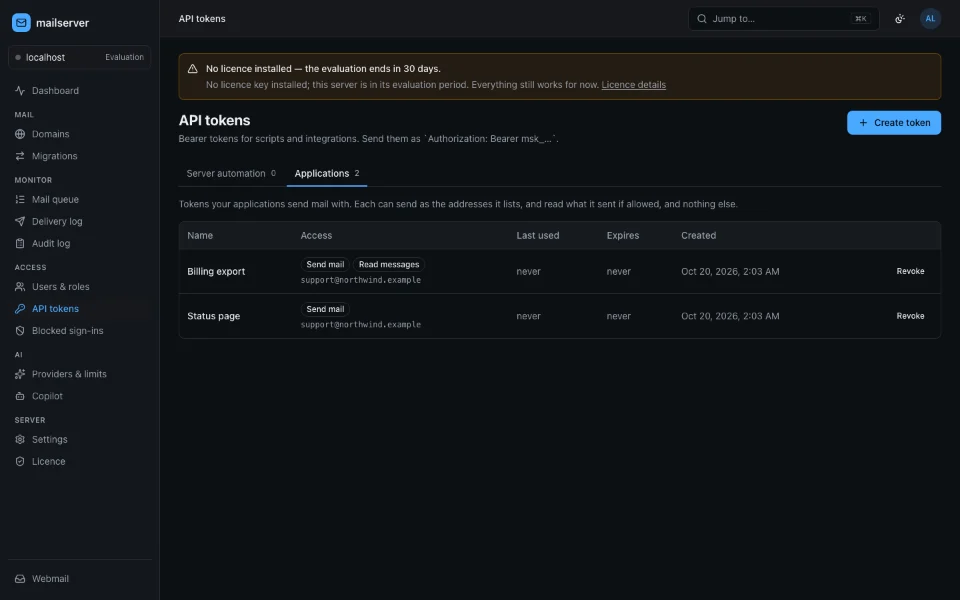 The admin console’s API tokens, Applications tab: two tokens, each with what it may do and the address it may send as.