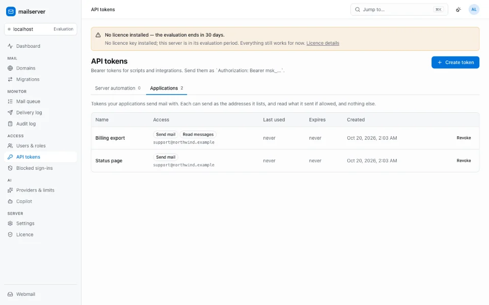 The admin console’s API tokens, Applications tab: two tokens, each with what it may do and the address it may send as.