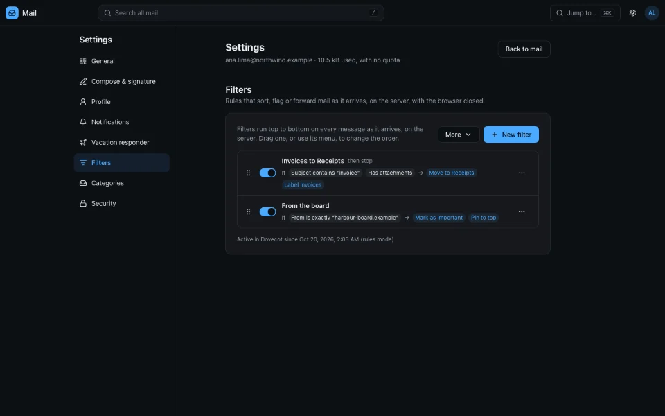 Webmail Settings, Filters: two filters, each read as a sentence of conditions and actions, with a switch and a menu.