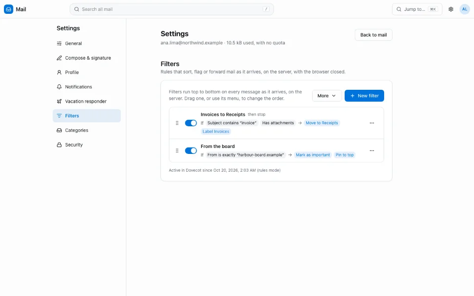 Webmail Settings, Filters: two filters, each read as a sentence of conditions and actions, with a switch and a menu.