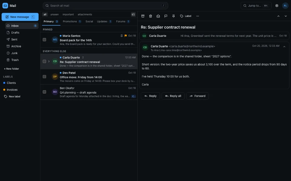 The webmail Inbox sorted into Primary, Promotions, Social, Updates and Forums tabs, a pinned message at the top, and a two-message conversation open in the reading pane.