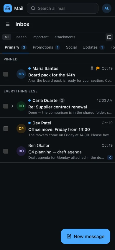 The webmail on a phone: the Inbox with its category tabs, a pinned message and a New message button.