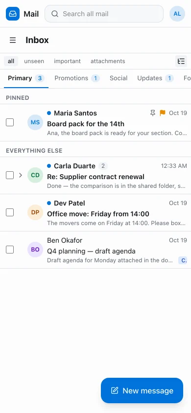 The webmail on a phone: the Inbox with its category tabs, a pinned message and a New message button.
