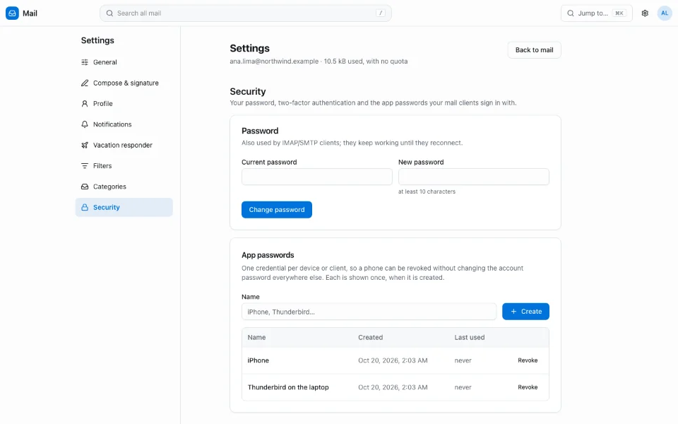 Webmail Settings, Security: changing the password, and the app passwords a phone and a laptop sign in with, each revocable on its own.